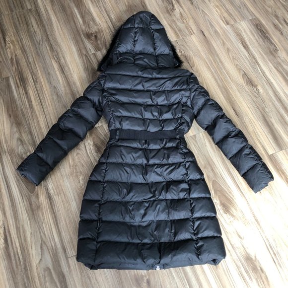 Moncler Long Coat Fur Trim Belted Black and Free Silk Face Mask - Picture 2 of 14